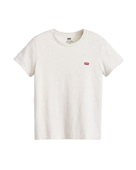 White t-shirt with a small red logo on a white background