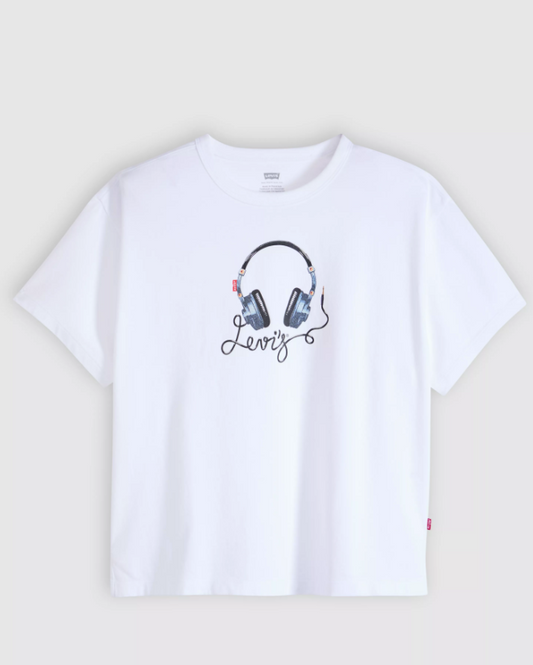 White t-shirt with headphone graphic and 'Levi's' branding