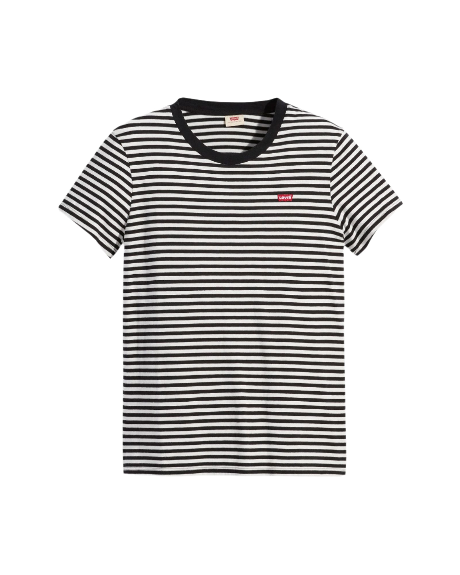 Black and white striped t-shirt on a white background