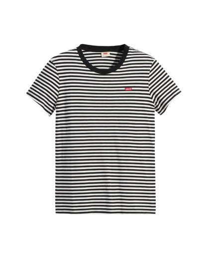 Black and white striped t-shirt on a white background