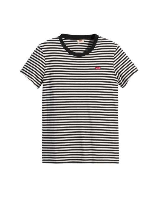 Black and white striped t-shirt on a white background