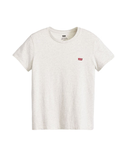 White t-shirt with a small red logo on a white background