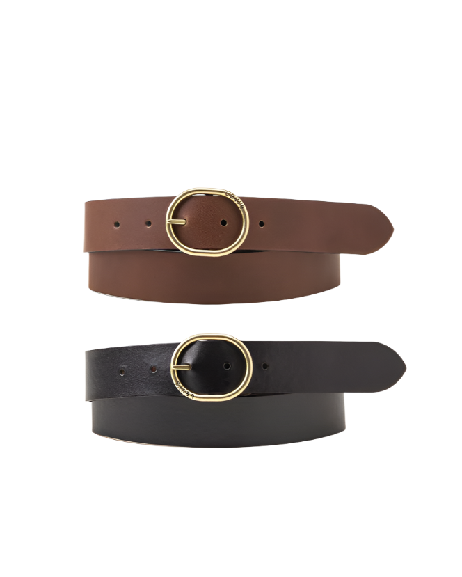 Two leather belts with gold rings on a white background