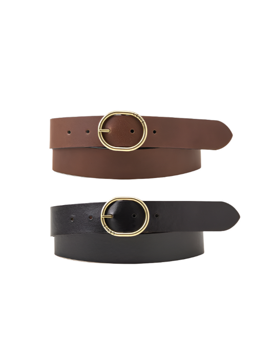 Two leather belts with gold rings on a white background