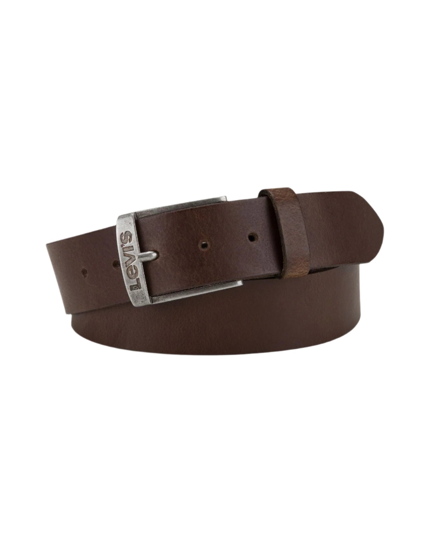 Brown leather belt with a silver buckle on a white background