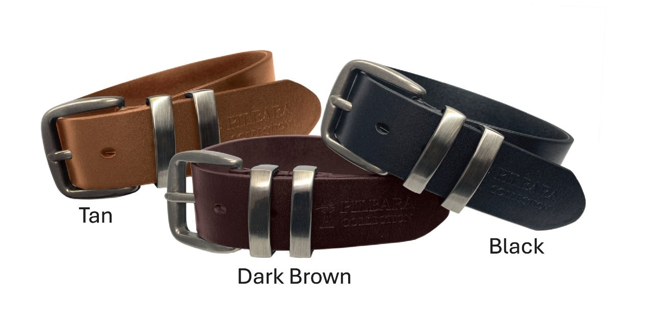 Three leather belts in tan, dark brown, and black with silver buckles on a white background.