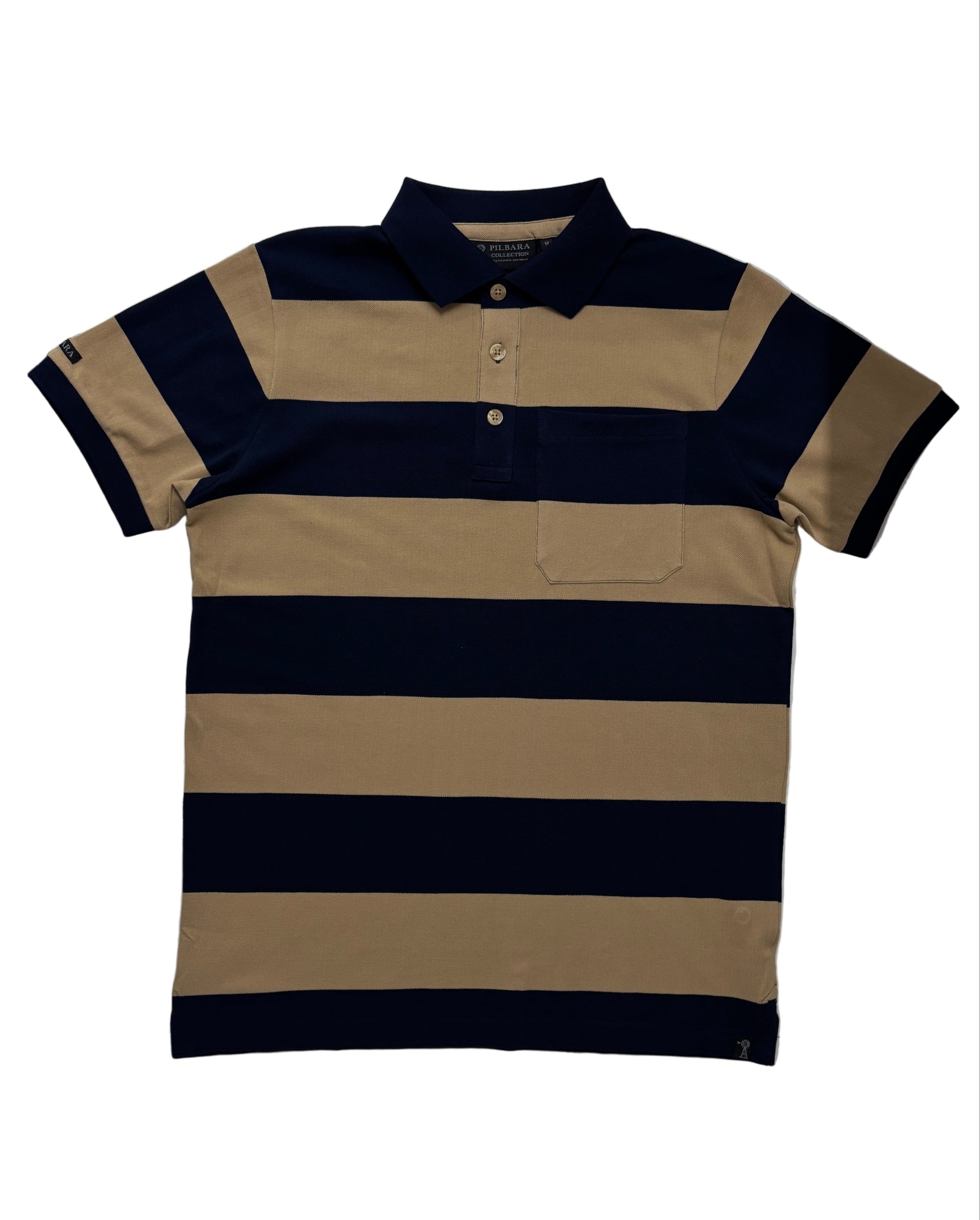 Striped polo shirt with navy and beige (golden rough) colors