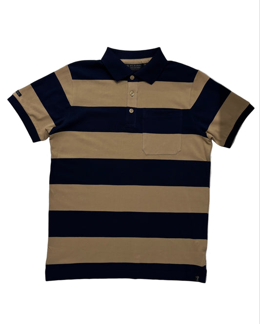 Striped polo shirt with navy and beige (golden rough) colors