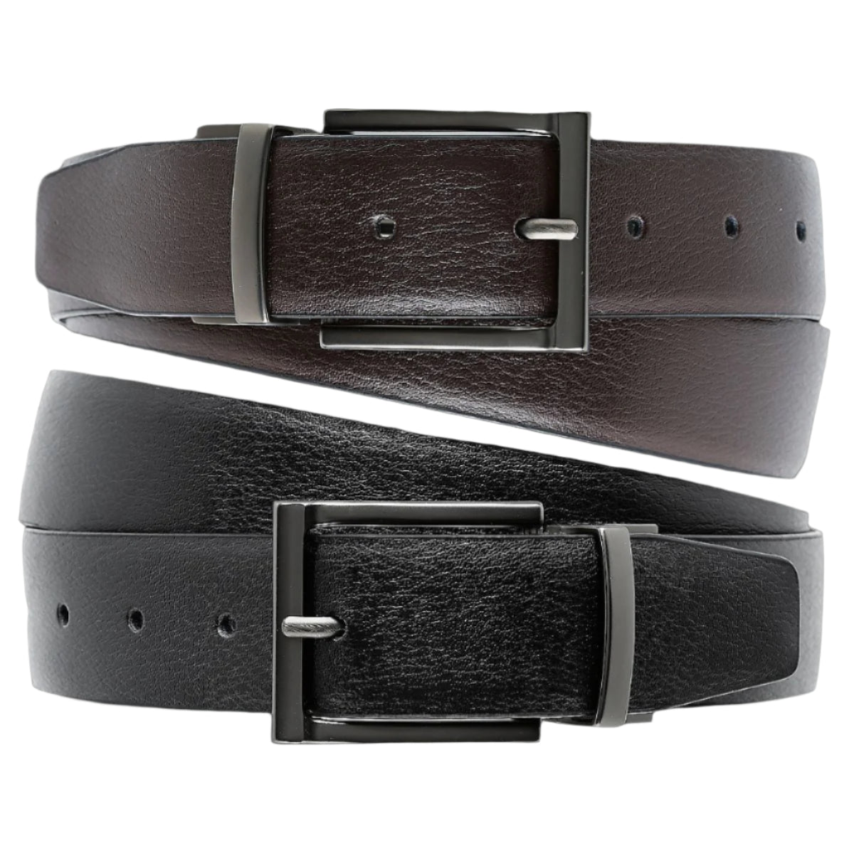 Two leather belts, one brown and one black, with silver buckles on a white background.