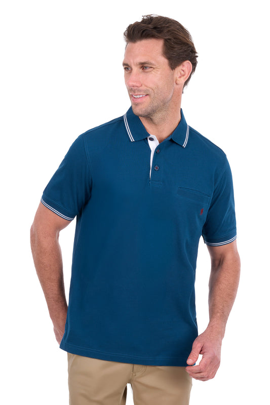 Thomas Cook short-sleeve blue polo shirt with white contrast stitching on the collar and sleeve cuffs